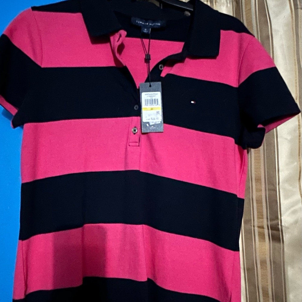 Tommy Hilfiger Black and Pink Polo Shirt